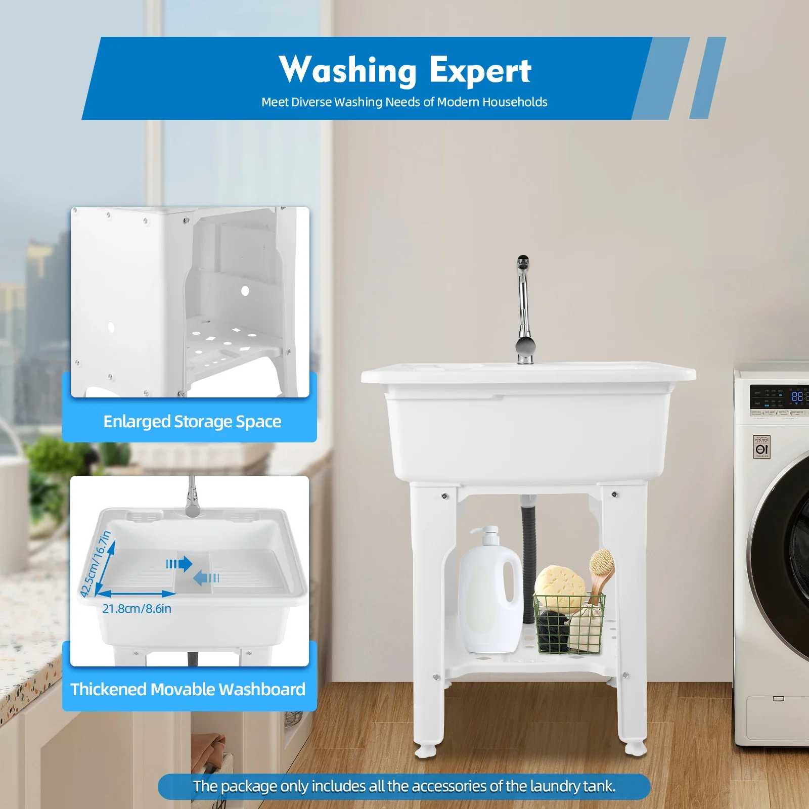 

25.6-inch Utility Wash Sink, Cold and Hot Water Faucet,Freestanding Plastic Laundry Tub with Washboard,Floor-Standing Wash Basin