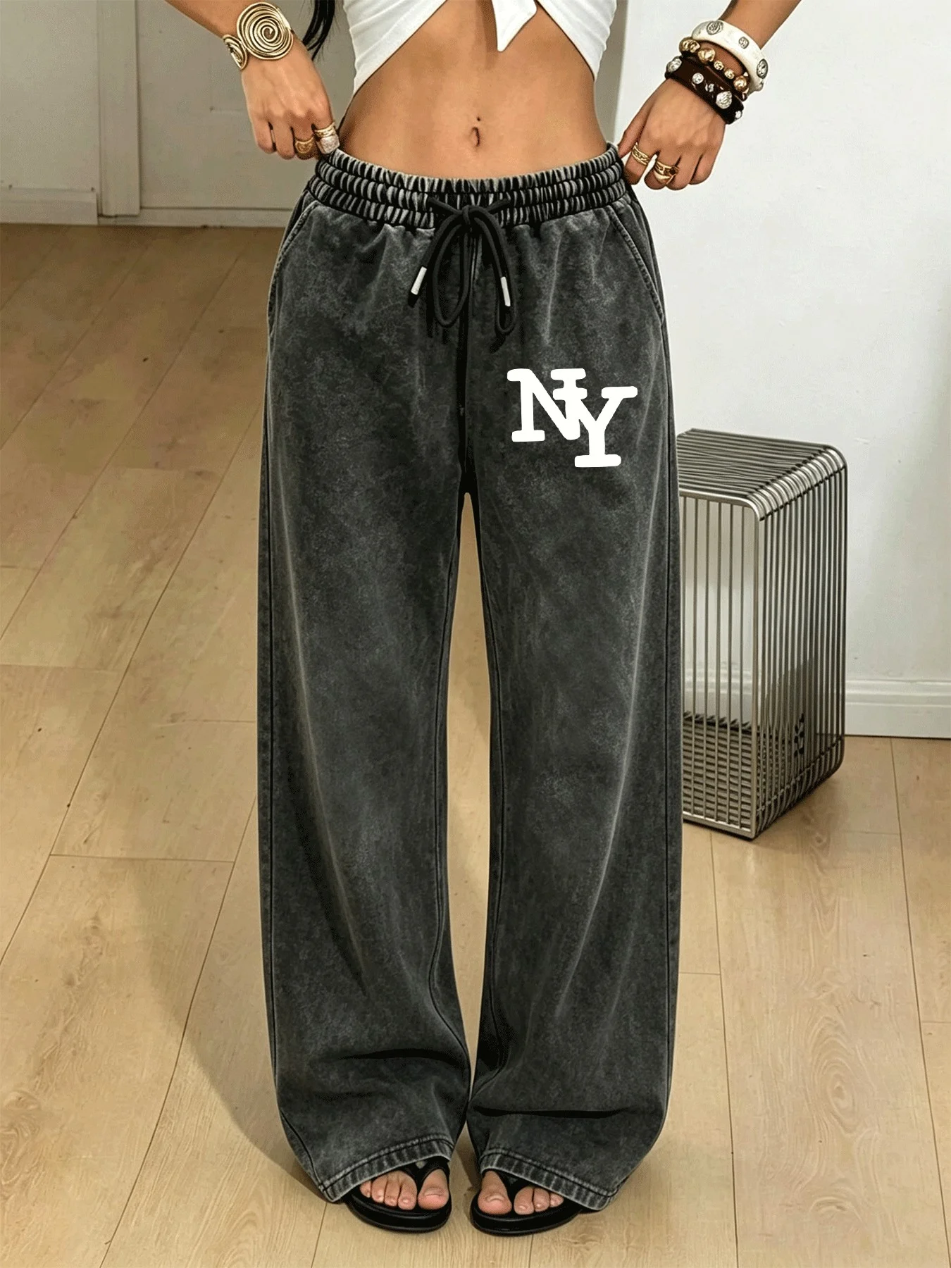 Women's Vintage Washed Distressed Trousers, Stylish Comfortable Versatile Letter Print Trousers