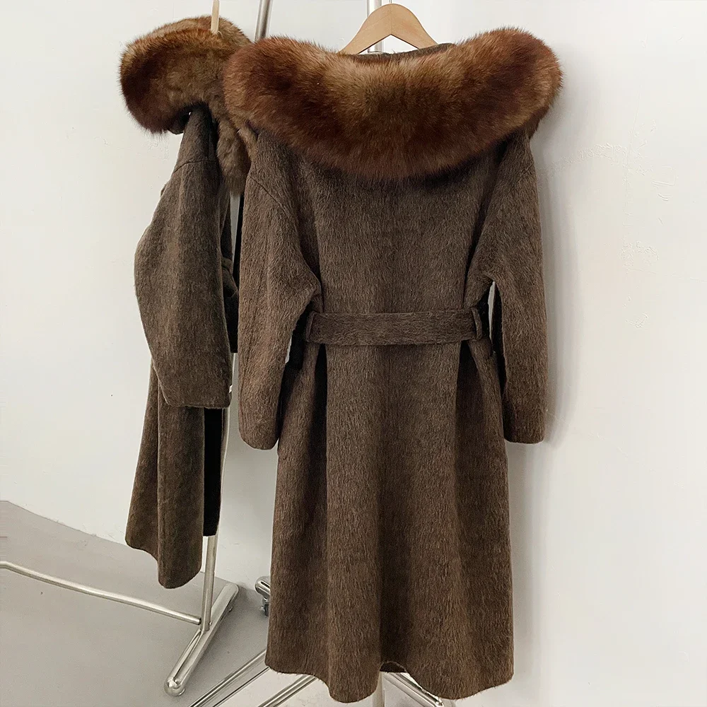 OFTBUY Luxuriöse Wolljacke mit Echtfellkragen und Kapuze, 100% Wollmantel für Damen, Neue Herbst-Winter-Lange Kleidung mit Natürlichem Fell – Detail 29
