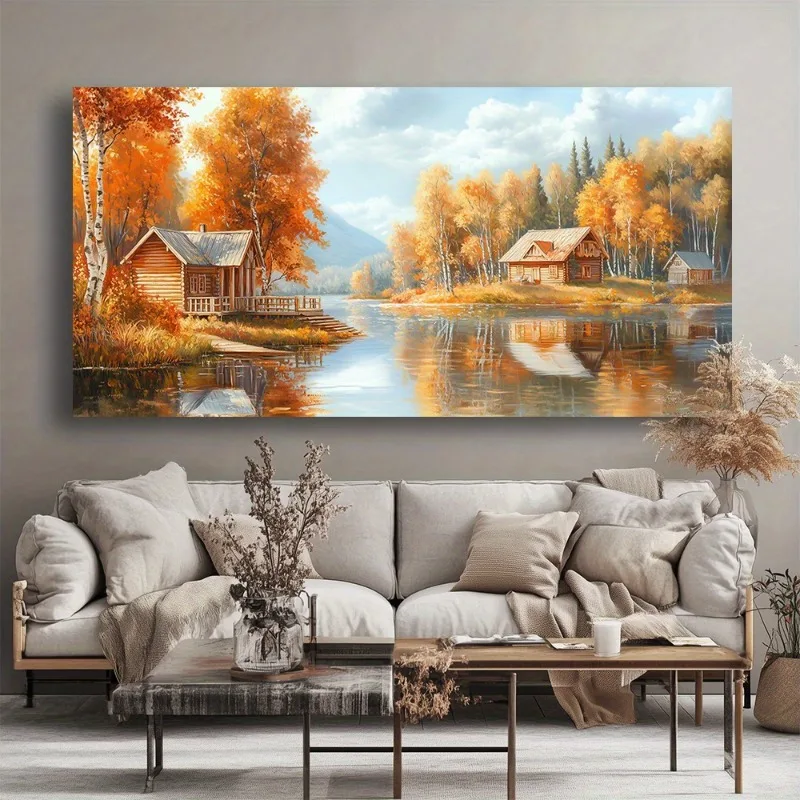 

Autumn Lakeside Cabins Canvas Art Modern Abstract Painting Framelees High-Quality Print for Living Room, Bedroom, Office Decor