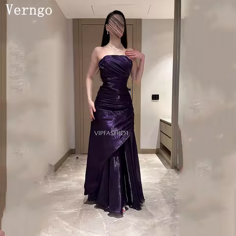 Verngo Drak Purple Satin Shiny Evening Dress Strapless Mermaid Maxi Arabia Prom Dresses Elegant Party Gowns Customized