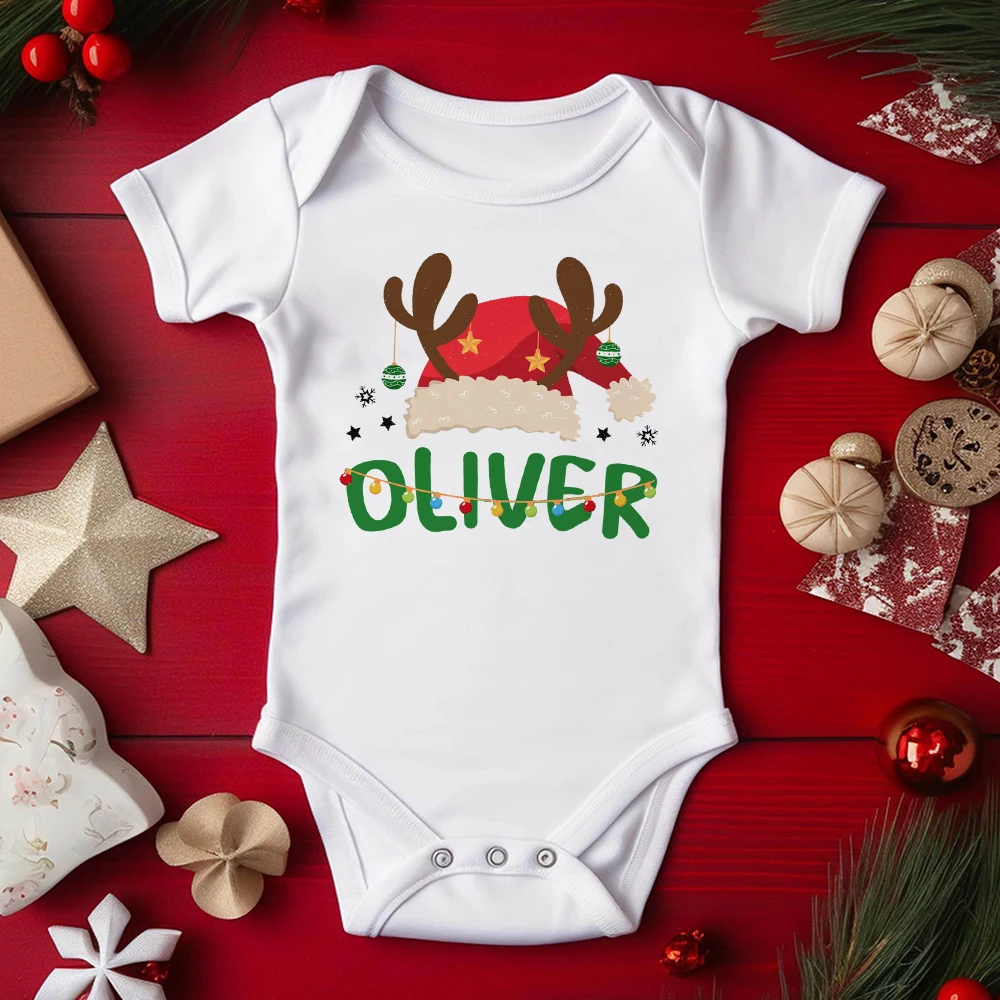 

Personalized Christmas Baby Bodysuit Newborn Romper Custom Name Infant Baptism Short Sleeve Clothes Xmas Party Outfits Jumpsuit