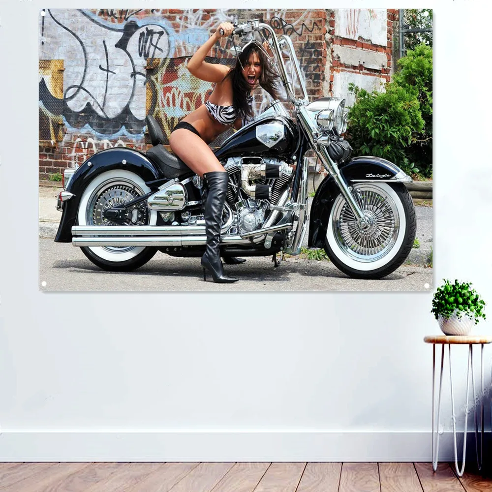 

Hot Girl Motorcycle Rider Posters & Prints For Boys Room Banner Wall Art Flag Pub Club Man Cave Bar Garage Wall Decor Painting