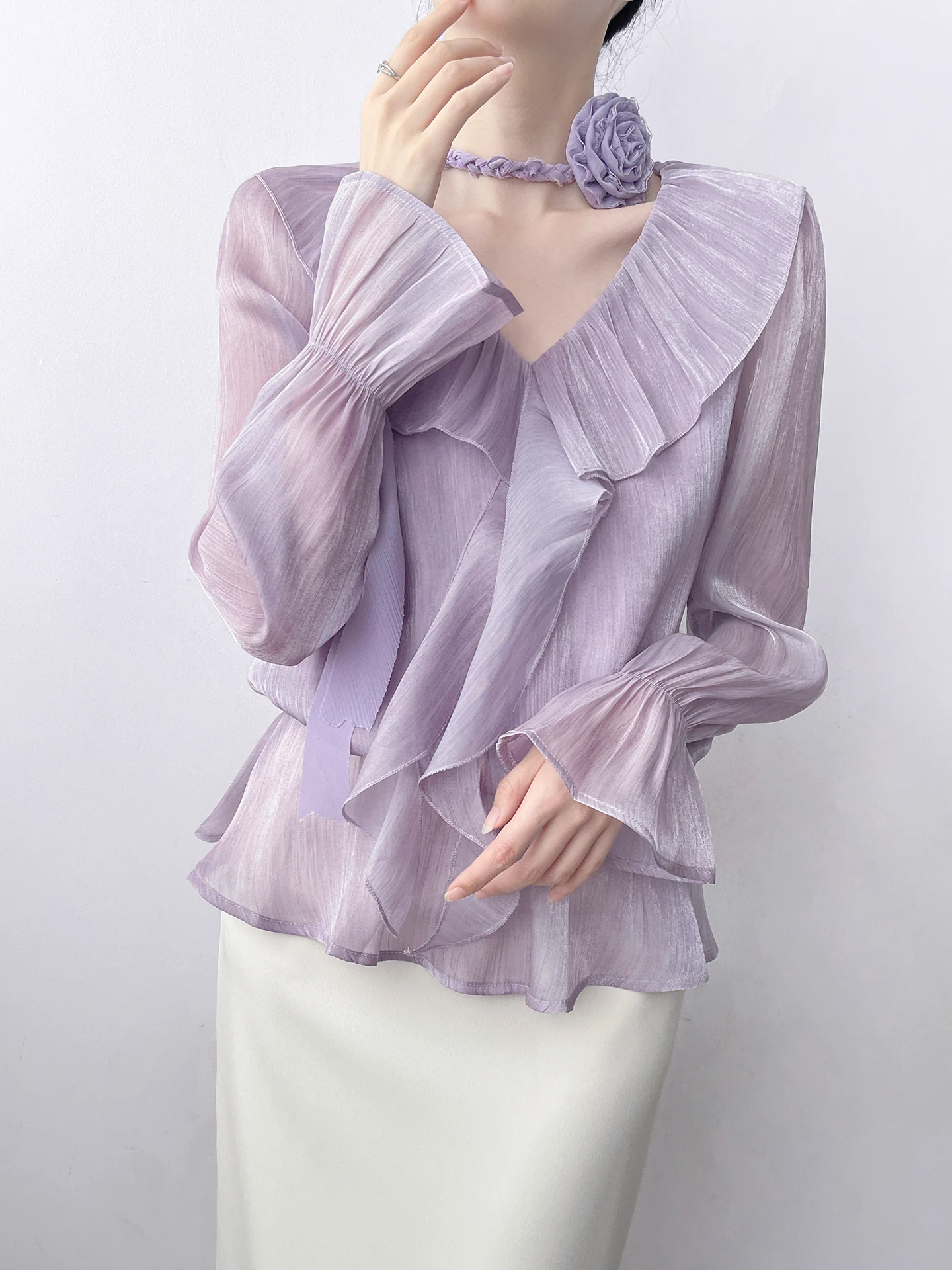 

Korean Sle V-Ne Bell Sve irt Women's Purple Chiffon Loose Fit Faionable Gathered Waist Design Le Top
