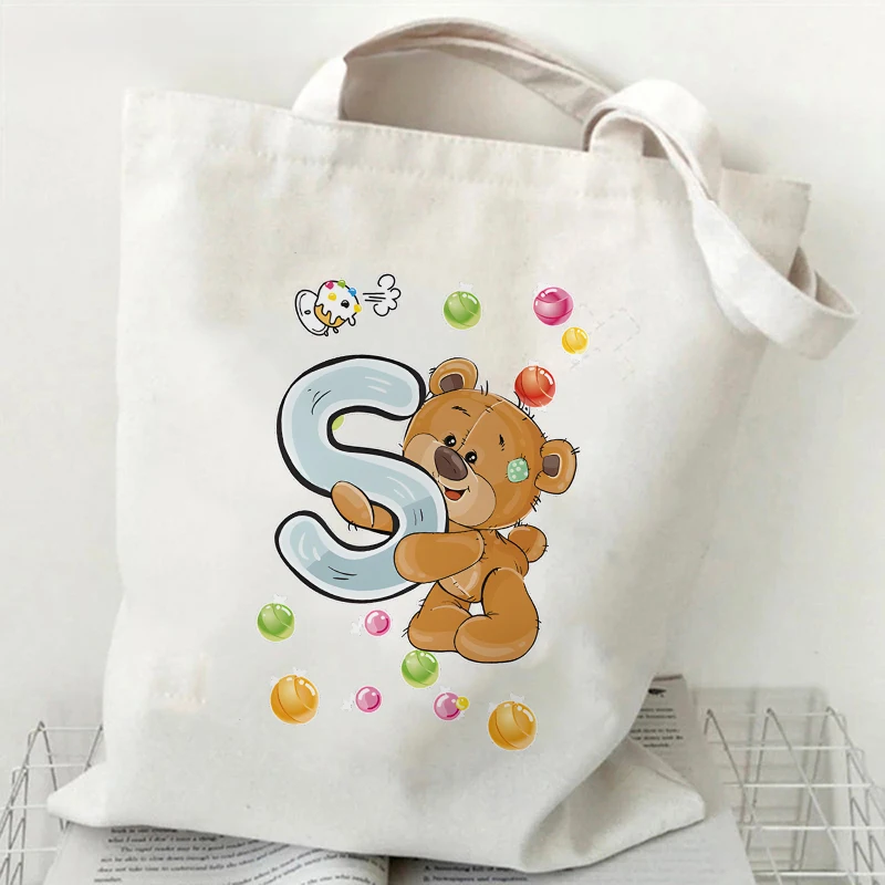 مضحك لطيف الدب قماش حمل حقيبة للنساء حقيبة يد خمر Y2K جماليات حمل حقيبة موضة A-Z 26 الأبجدية حقيبة كتف الإناث