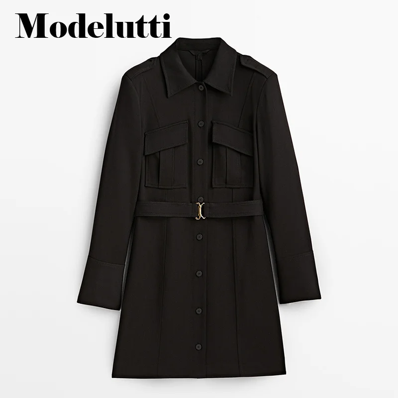 Winter 2023 Autumn New Fashion Long Sleeve Lapel Single-breasted Belt Short Dresses Women Solid Elegant Casual Female