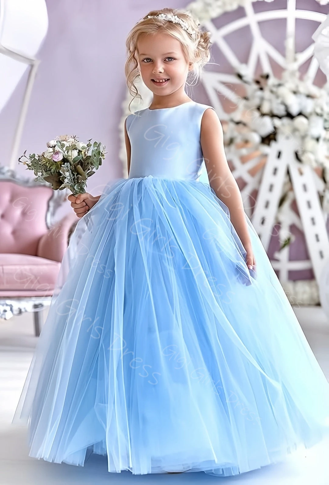 Vestido de princesa para niña con flores para boda, cuello redondo, abertura en la espalda, vestido de primera comunión, vestido de fiesta de cumpleaños de tul personalizado