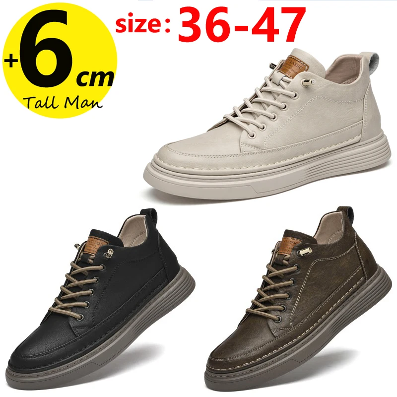 Men Booster Sneakers Chunky Elevator Shoes Height Increase Insole 6cm Man Lift Tall Leather Spring Autumn Plus Size 36-47