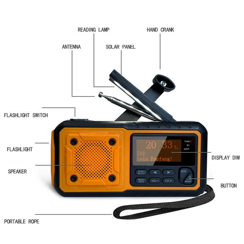 ELECT-Emergency Radio DAB376BT DAB+ FM BT Solar Powered With Battery Hand Crank Blackout Alarm Clock Function