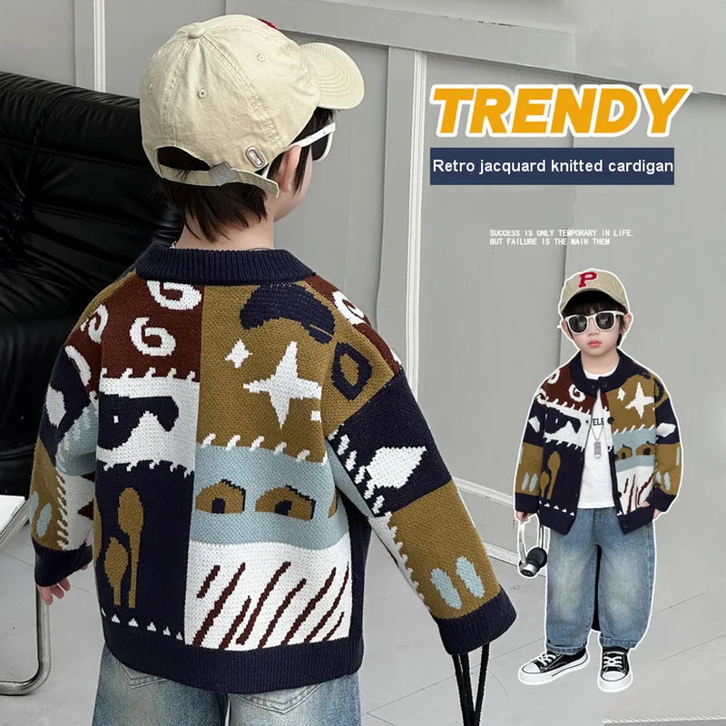 2-10Years Boys Knitted Sweater Cardigan Fashion Children Retro jacquard knitted cardigan Spring Autumn Boys Coat Kids Clothes