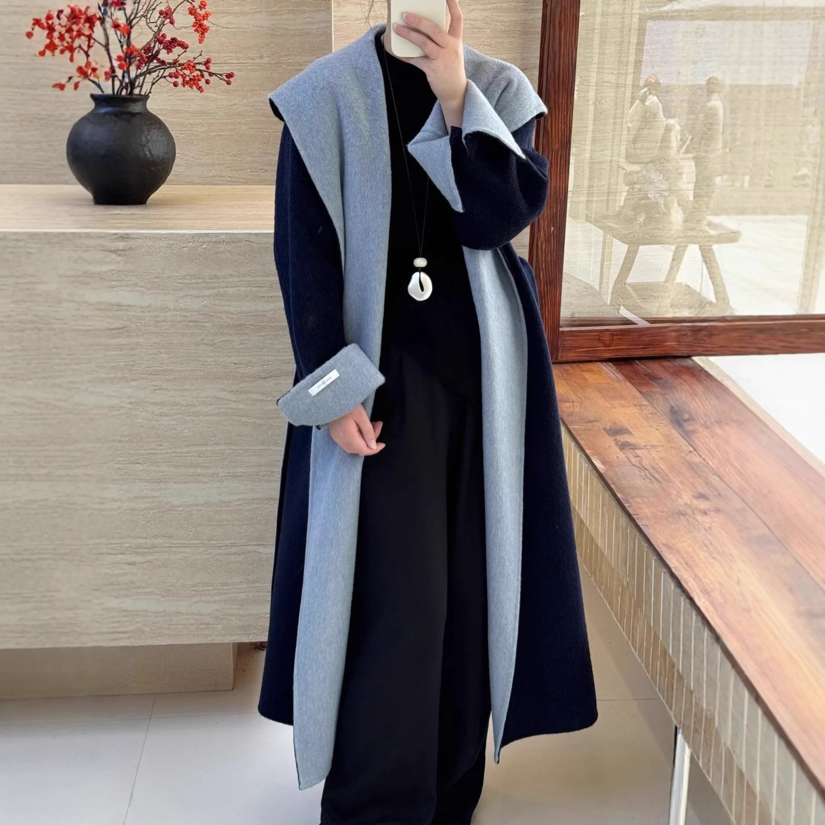

Весеннее женское кашемировое шерстяное пальто с капюшоном, теплое двустороннее пальто из смесовой ткани, в стиле колорблок, с лоскутным узором, для повседневной носки, минималистичное, универсальное пальто