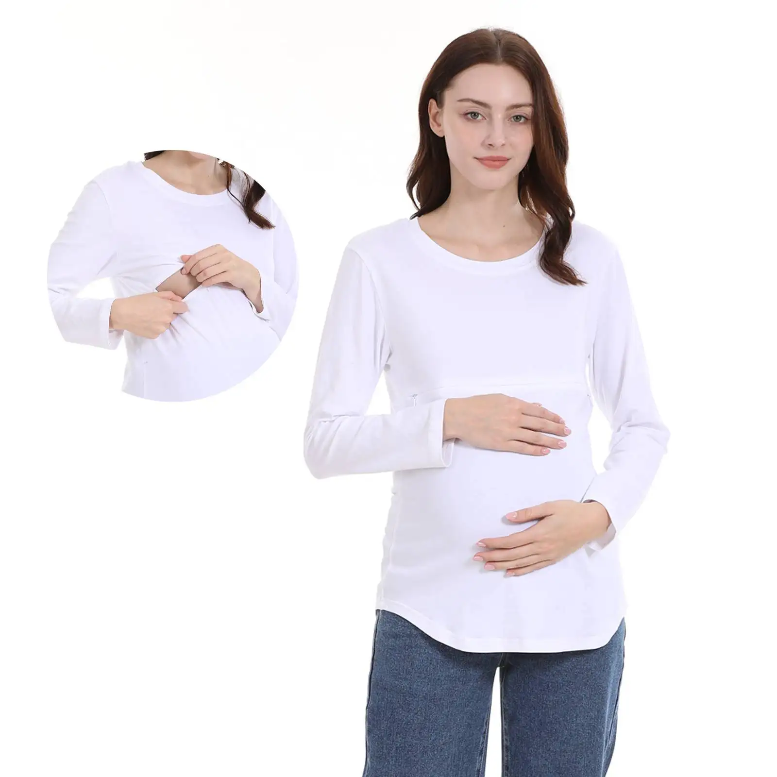 

Nursing T Shirts Spring Autumn Plus Size Maternity Clothes Tshirt Crew Neck Long Sleeve Breastfeeding Tops Horizontal Zipper