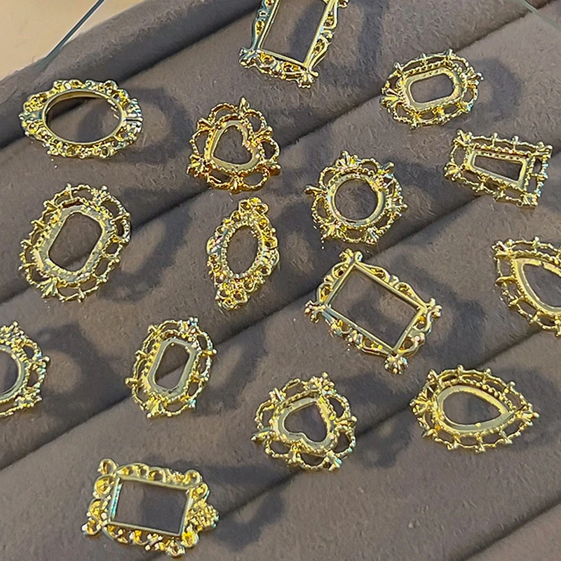 

20PCS Vintage Metal Nail Art Frame Charms Retro Alloy Manicure Nails Decoration Accessories Hollow Heart Oval Rhombus Circles HJ