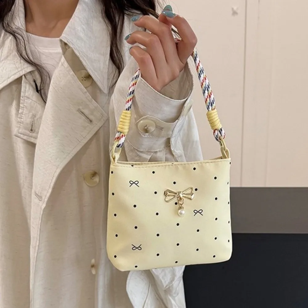 New Pearl Bowknot Handbag Polka Dot Pattern Large Capacity Shoulder Bag Zipper Closure Underarm Bag Women