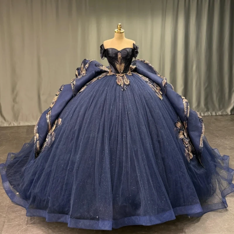 

Navy Blue Shiny Quinceanera Dresses Off The Shoulder Sequin Applique Beading Tull Party Birthday Sweet 16 Dress Vestidos 15 De