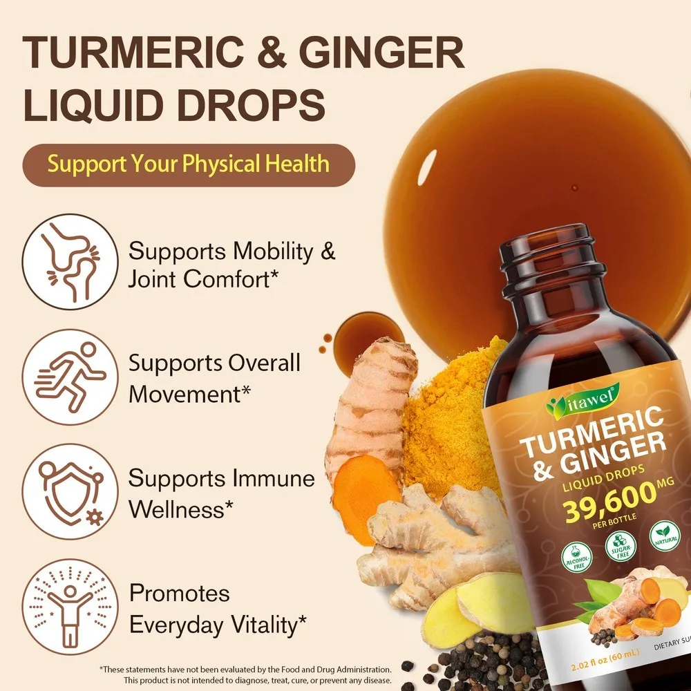 Turmeric & Ginger Liquid Drops Alcohol-Free and Sugar-Free for Mobility Comfort, Black Pepper Extract Support 60 ML