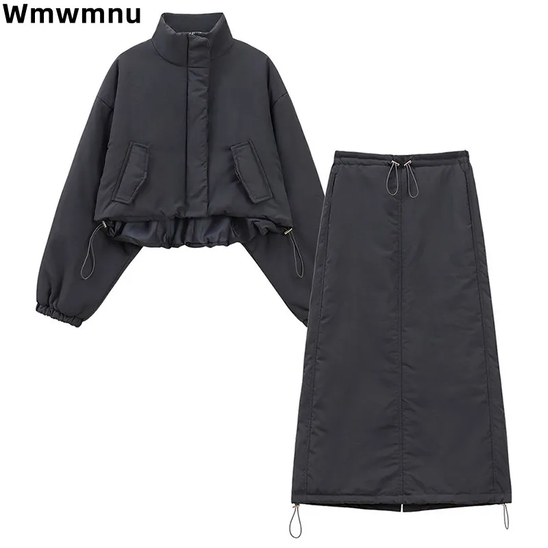 Fall Winter Korea Women Tracksuit Casual Jackets Cotton Coats Tops 2 Piece Sets Fashion Lace-up High Waist Sweatskirt Ensemble