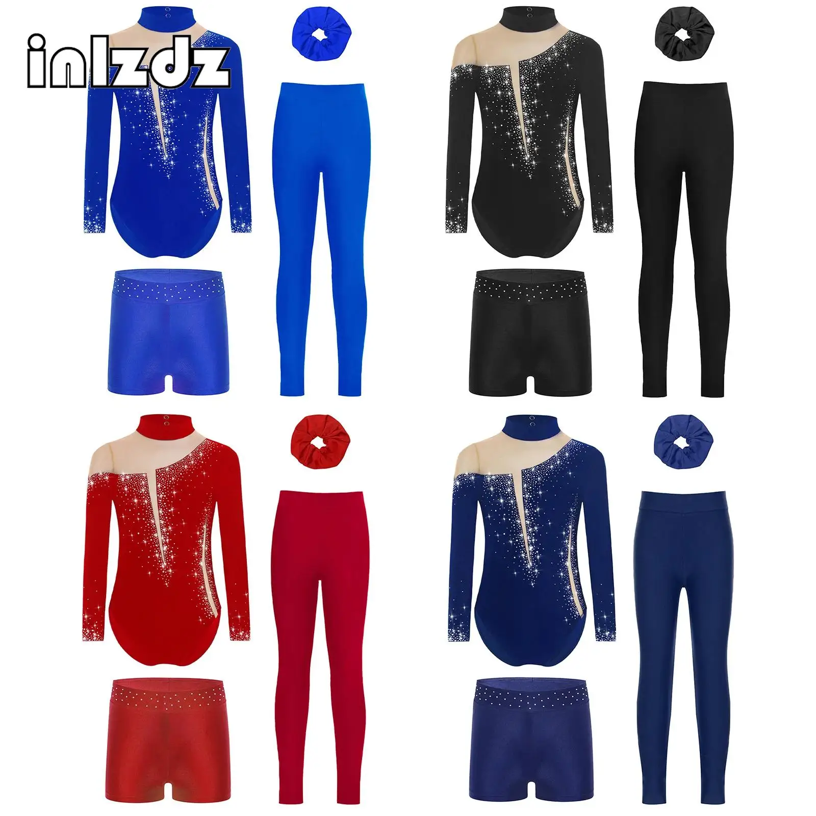 

Girls 4Pcs Figure Skating Ballet Dance Gymnastics Outfits Long Sleeve Rhinestones Mesh Leotard Athletic Unitard Dance Costumes