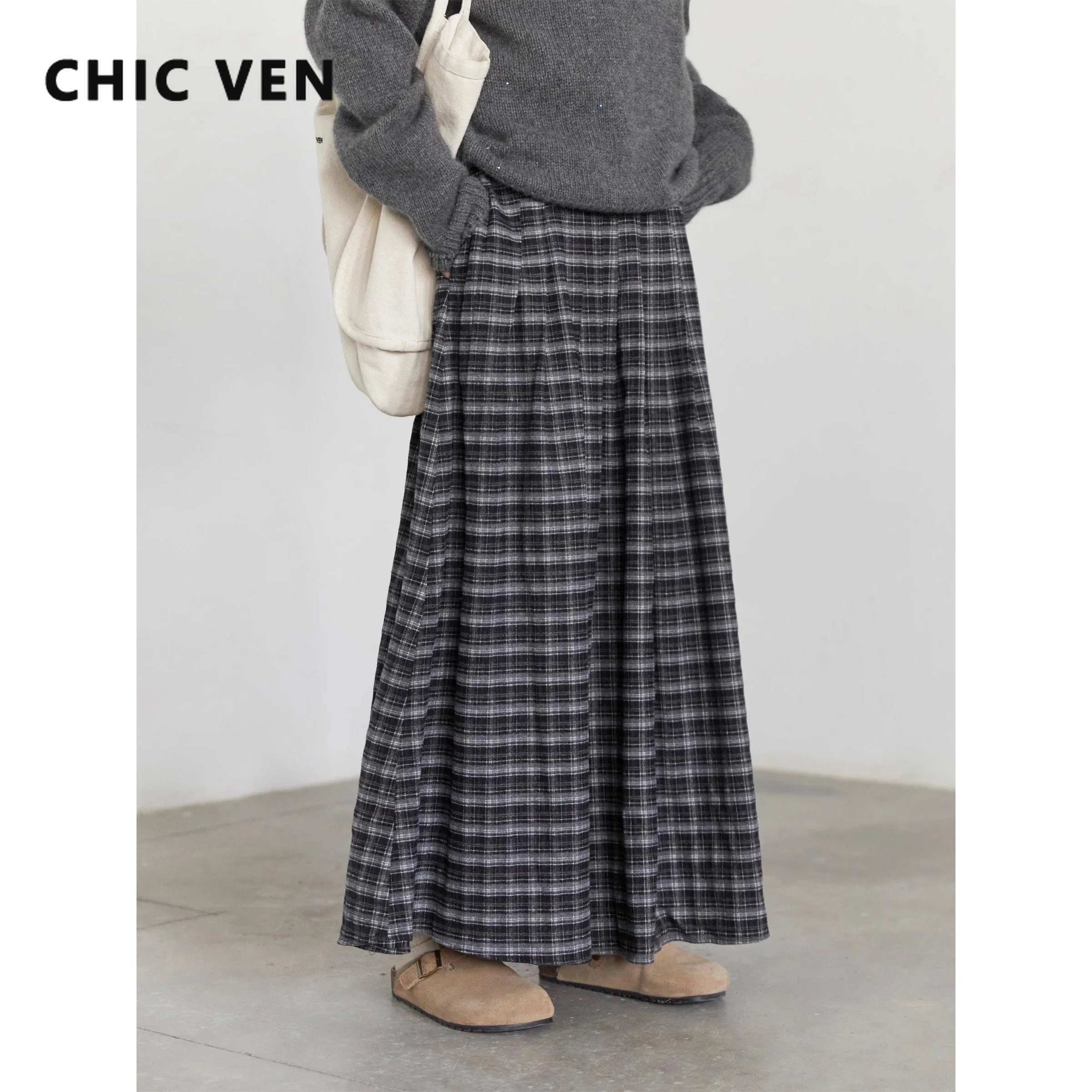 

CHIC VEN женские юбки свободные повседневные новые ретро клетчатые полудлинные большие качели трапециевидной формы плиссированные женские длинные юбки весна 2025