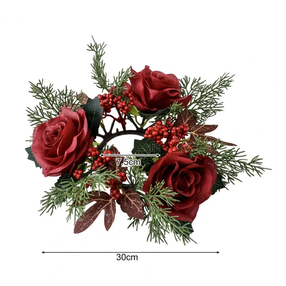 Artificial Flower Candle Ring Wreath Handmade Plastic Crimson Rose Berries Candle Holder for Christmas Thanksgiving Home Decor