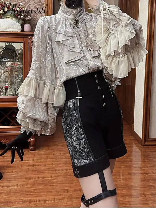 Gothic Style Silver Shirt Spring and Autumn New Fashion Bat Sleeve Loose Long Sleeve Blouse Lolita Retro Court Style Top damski