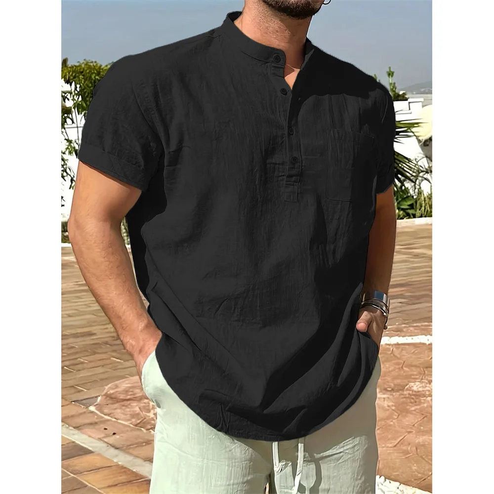 Sommer Heißer Verkauf männer T-shirt Baumwolle Leinen Henley Neck Casual Atmungsaktive Leichte Einfarbig Tasche Taste Tops – Detail 14