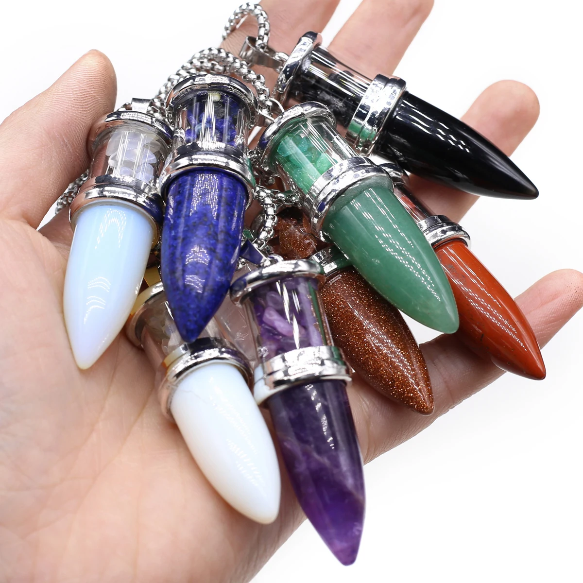 17x55mm Natural Stone Bullet Pendant with 60cm Chain Glass Tube Filled Gemstone Chips for Reiki Healing Spiritual Jewelry Gift