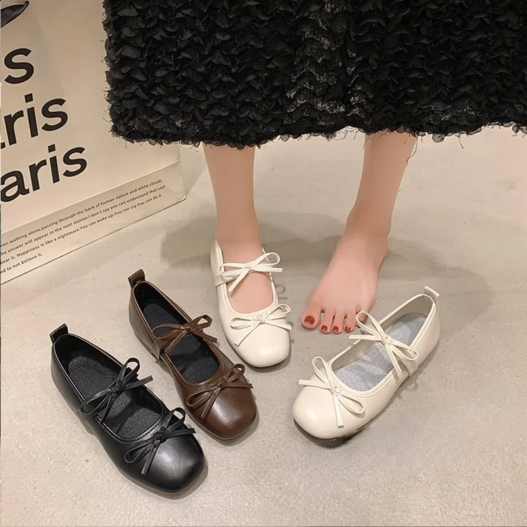 Double Bowknot Mary Jane Flats Shoes Women 2024 New Round Toe Shallow PU Leather Loafers Ballet Shoes for Woman Zapatos De Mujer