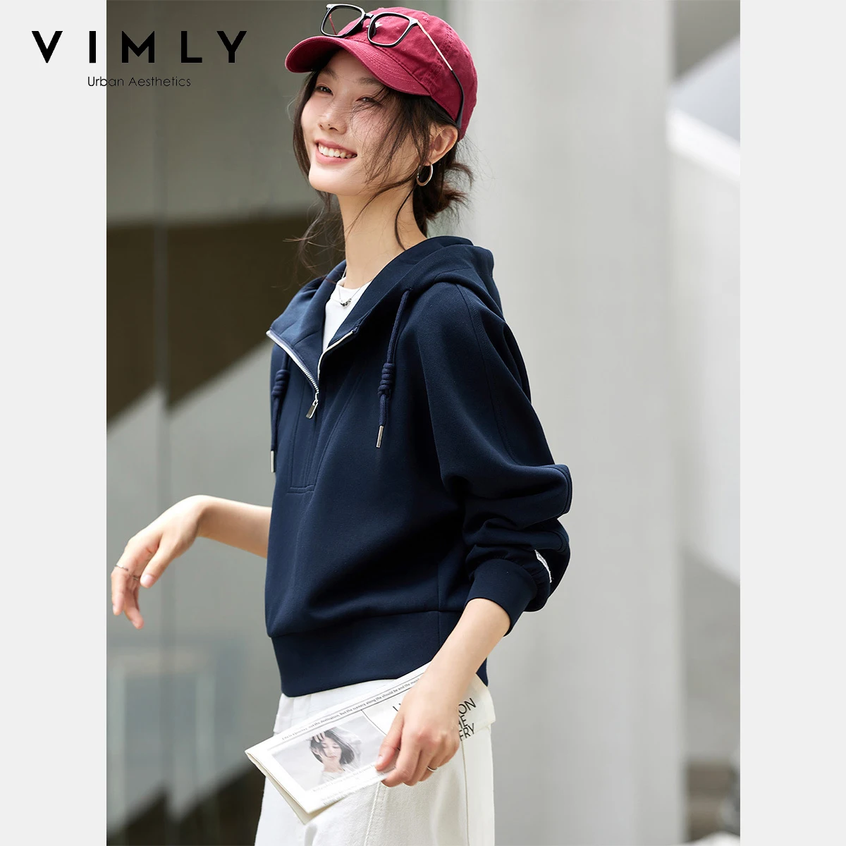 VIMLY ネイビーブルーカジュアルパーカー女性秋 2025 新しいハーフジッパーショートニットセータースポーティなドローストリング長袖トップス A2352