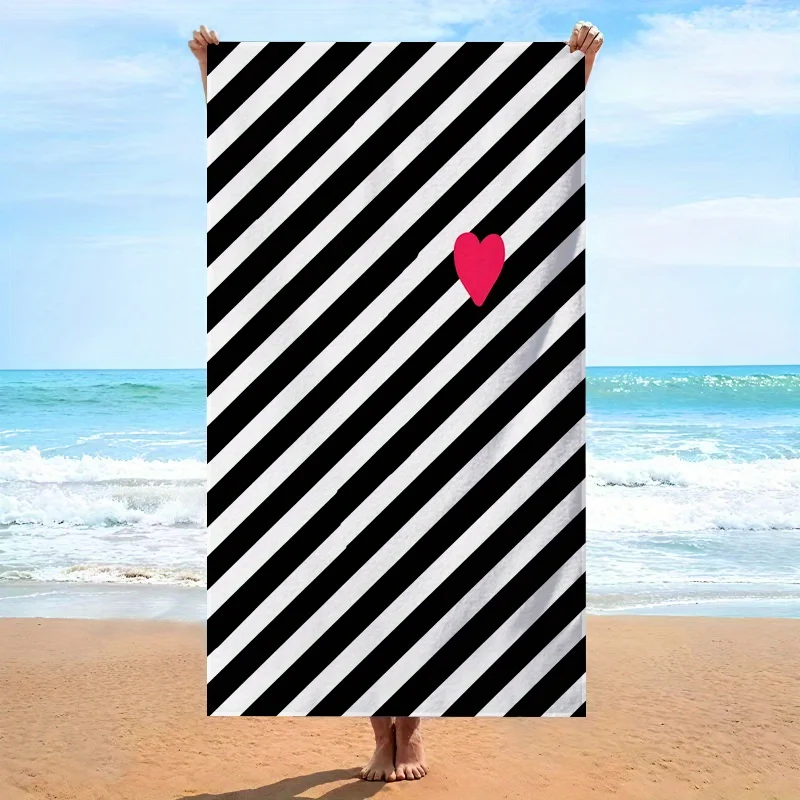 Striped Beach Towel with Pink Heart 31.5x63 Inch Black White Diagonal Lines Soft Microfiber Quick Dry Bath Towel for Women