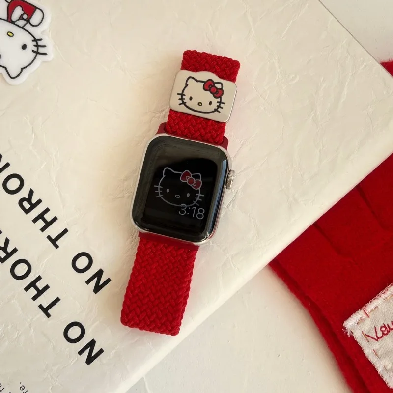 산리오 헬로 키티 애플 워치 밴드용 마그네틱 스트랩, 아이워치 시리즈 울트라 9 용 나일론 직조 스포츠 팔찌, 45mm, 38mm, 49mm, 40mm