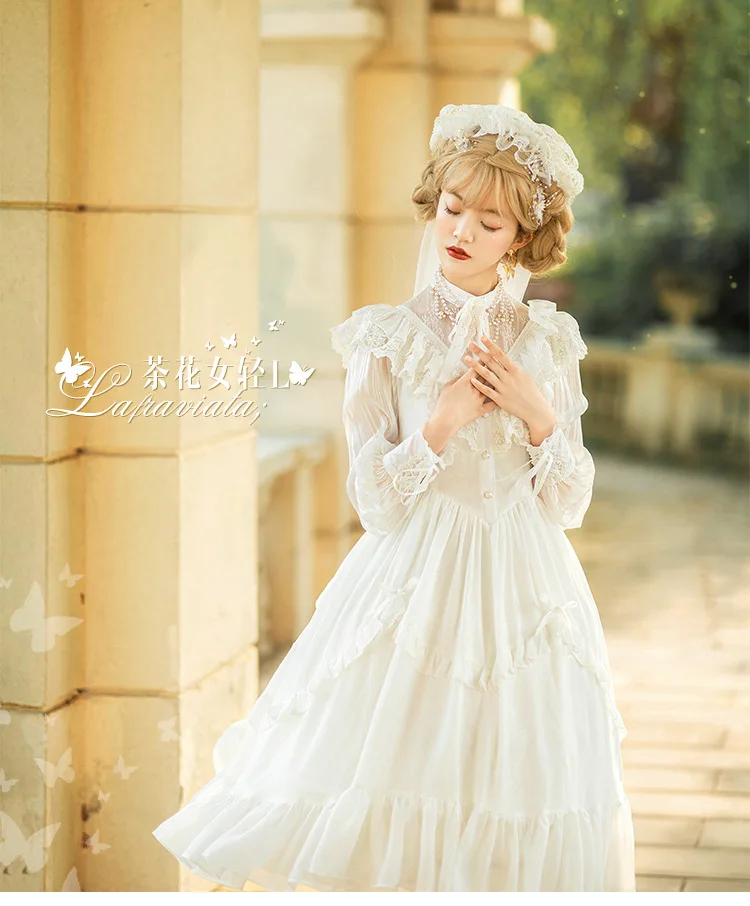 Original design Authentic Lolita Camellia Court retro slim elegant long sleeve new floral Wedding Alice dress