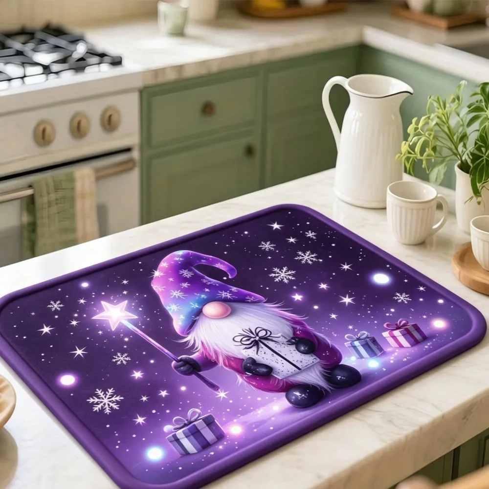 Purple Gnome Christmas Print Kitchen Mat Super Absorbent Dish Drying Pad Non Slip Tableware Counter Guard Sheet