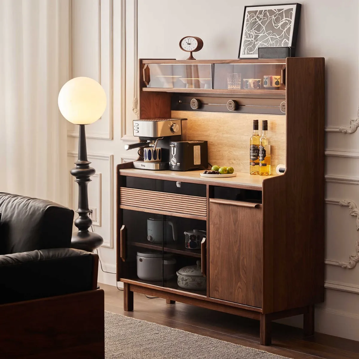 Black walnut semi-high dining side cabinet Solid wood storage cabinet Travertine dining side countertop locker