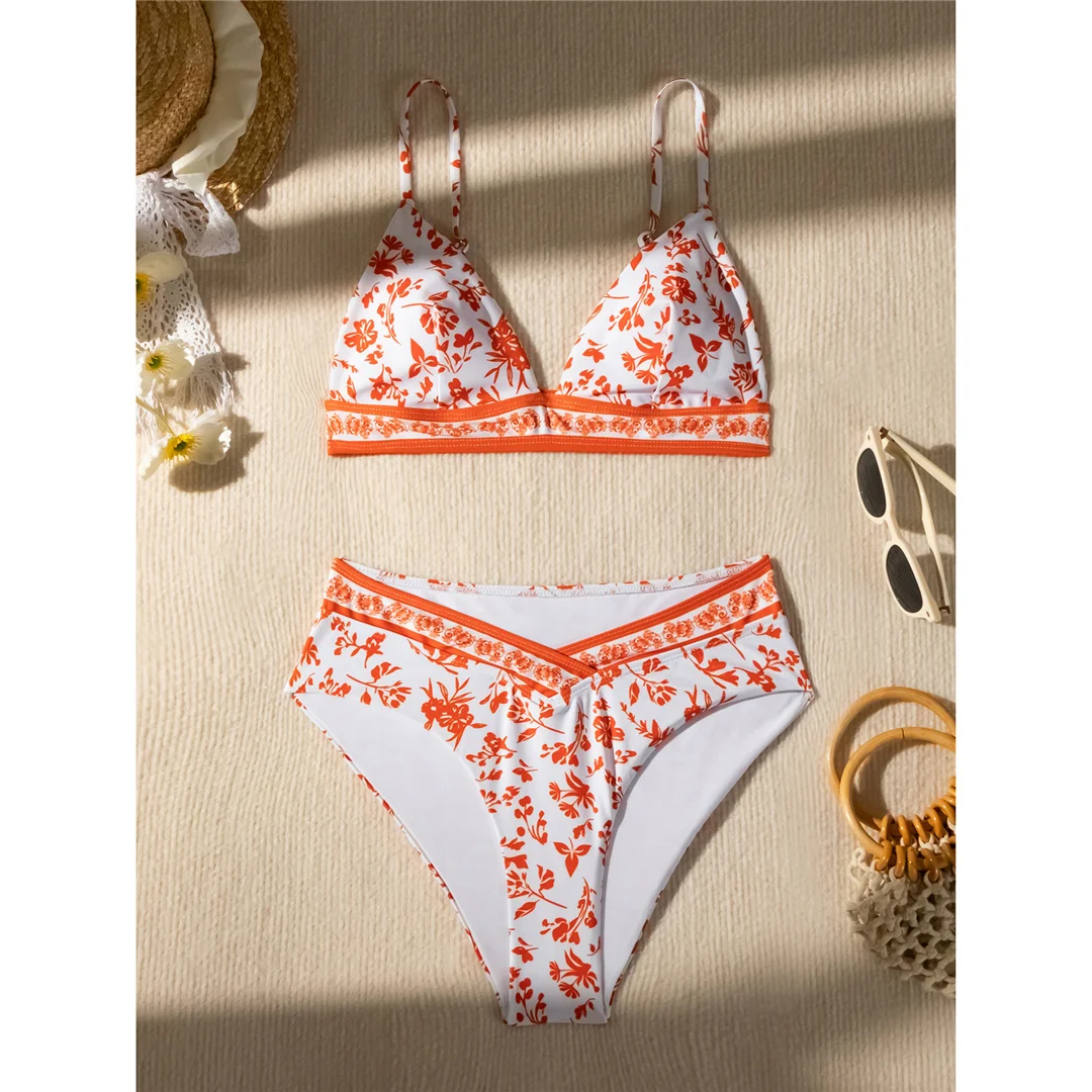 Blumenmuster, hoch geschnitten, mittelhoher Bund, Damen-Badeanzug, Bikini, zweiteiliges Bikini-Set, Badebekleidung, Badeanzug, Modell V5338. – Detail 12