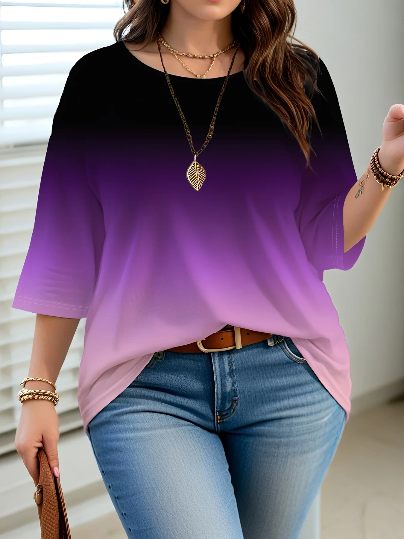 Trendiges Plus-Size-Ombre-Oberteil mit langen Ärmeln für Damen im lässig-schicken Stil – Detail 19