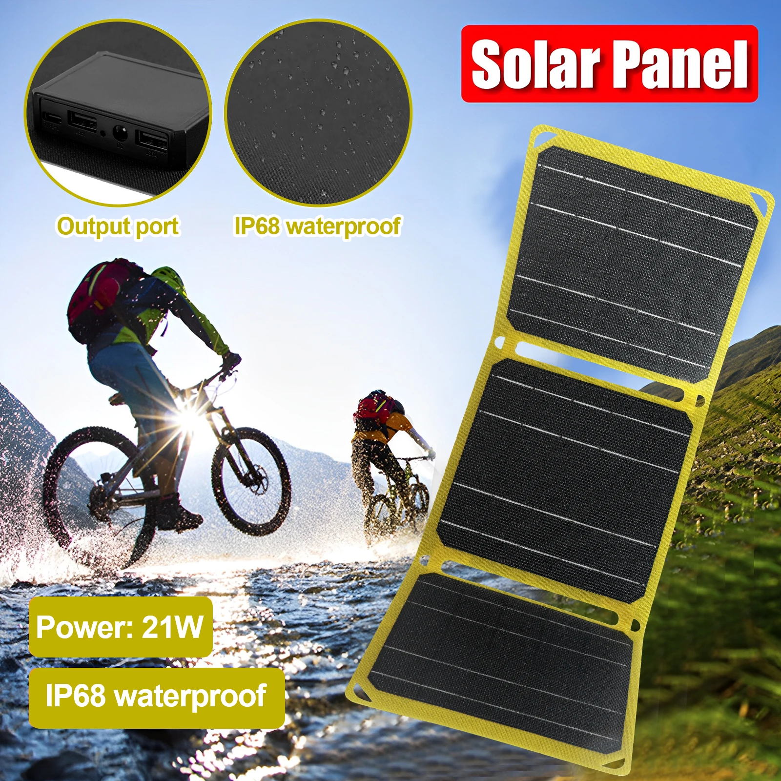 Outdoor powerful Portable Solar Panel 21W 2A IP68 Waterproof battery phone charger For USB A C Power bank suitable for Camp