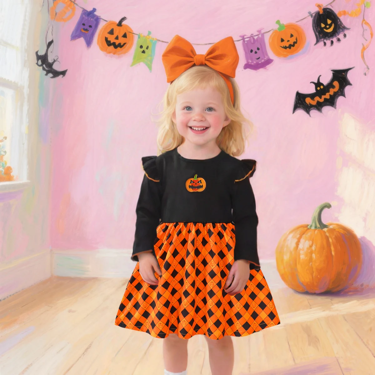 

Girls Halloween Party Dress Pumpkin Rhombus Pattern Stitched Ribbed Fabric Long Sleeved Dress Suitable For Girls Aged 1-8
