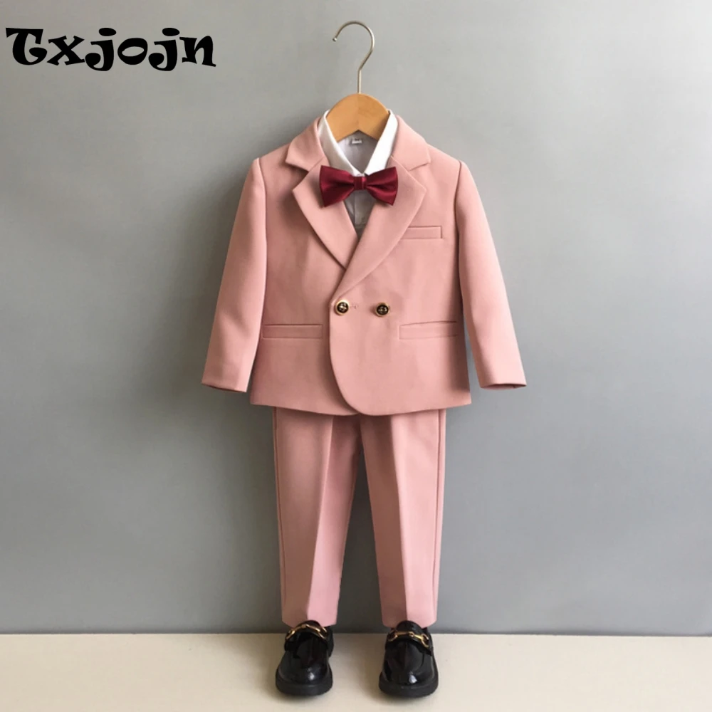

Smart Elegant Kids Suits 3 Pieces Jacket Pants With Bow-tie Stage Performance Costumes Double Breasted Boy Suit Set Party Tuxedo