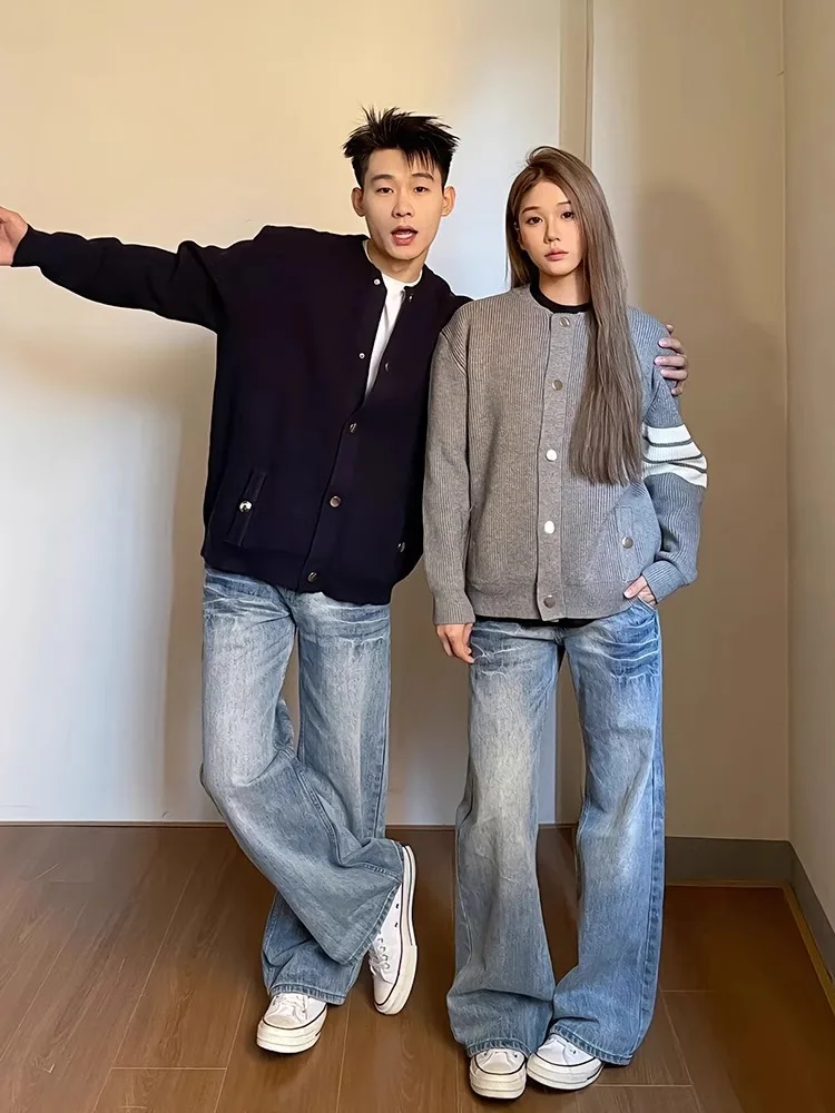 Blue Lightning Pattern Jeans Men Women Washed Vintage Straight Leg Pants American Vibe Micro Flared Jeans Casual Loose Fit