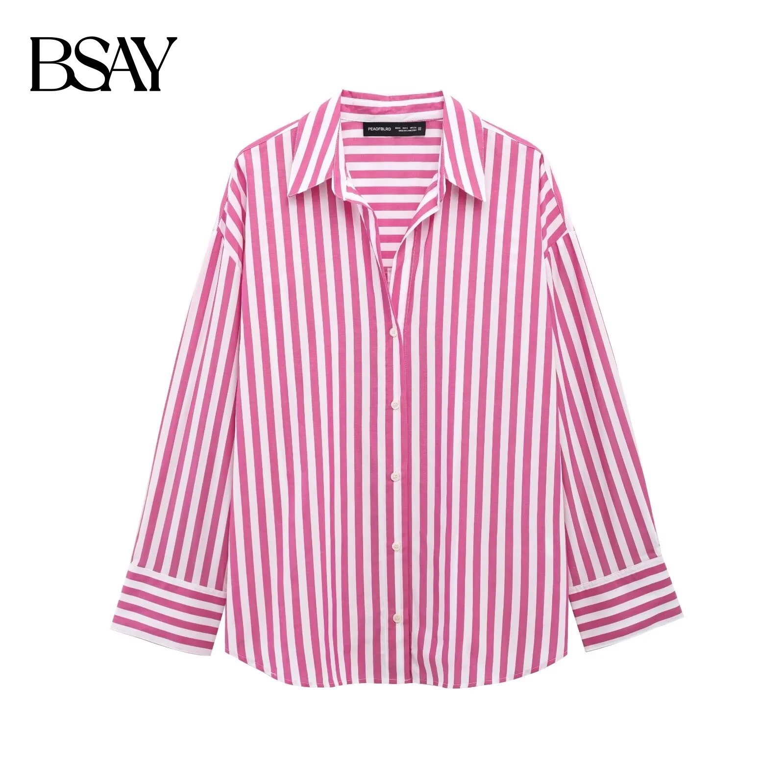 BSAY المرأة موضة جديدة شريطية الأساسية البوبلين كم طويل واحدة الصدر التلبيب بلوزة الشارع الملابس قميص شيك السيدات