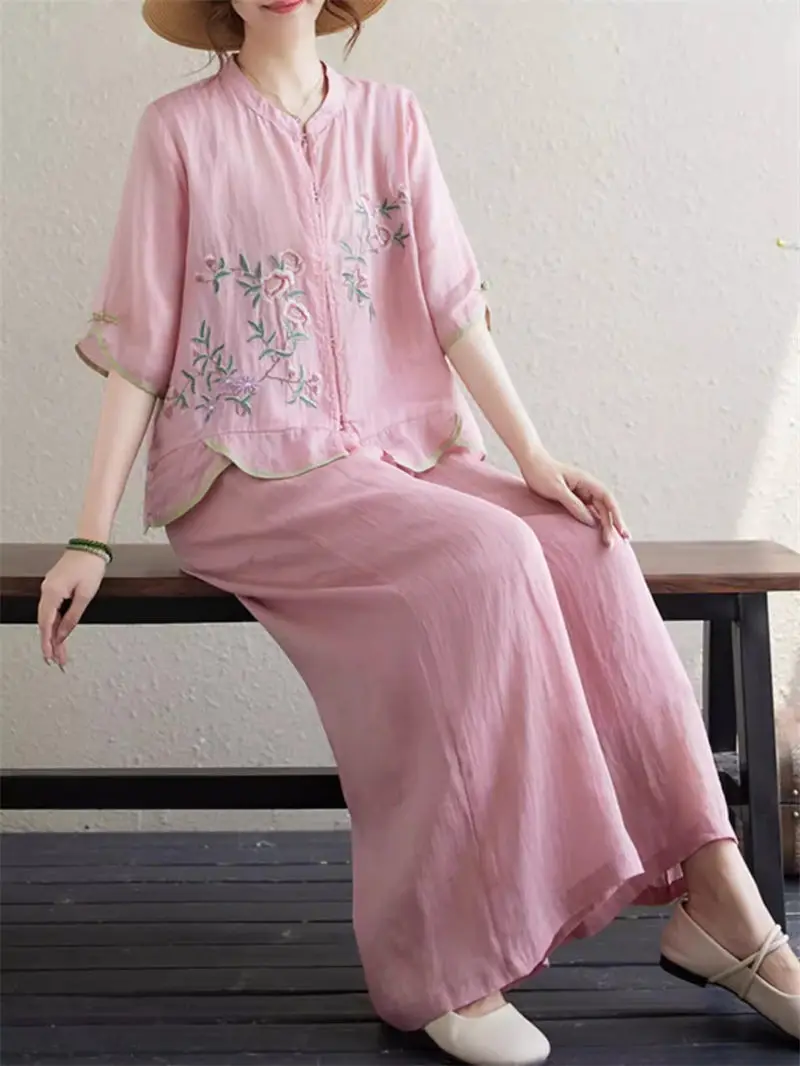 2024 Summer Retro New Chinese Linen Set Women 2 Pieces Embroidered Stand Neck Zen Button Shirt Wide Leg Pants Outfits K1343