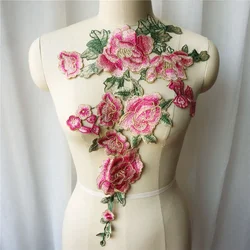 Embroidered Pink Peony Flower Green Leaf Lace Fabric Collar Gown Appliques Sew Patch For Wedding Decoration Dress DIY