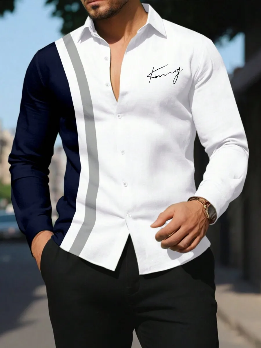 

Men's Casual Color Block Button-Down Long Sleeve Shirt with Script Print