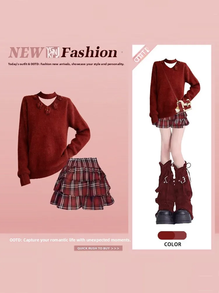 

Retro Red Sweater Plaid Puffy Skirt Set V-Neck 3D Flower Winter Anti-Aging College Style Small Size Fashion Ensemble