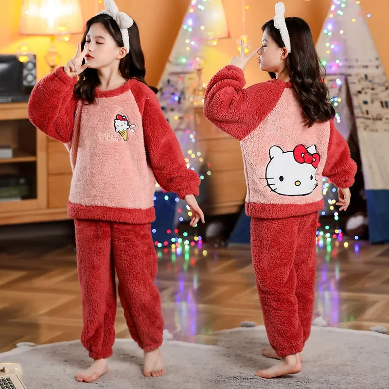 Sanrio HelloKitty Winter Children's Coral Fleece Pajamas Set Warm Fleece Thickened Homewear Children's Pajamas Men's and Women's