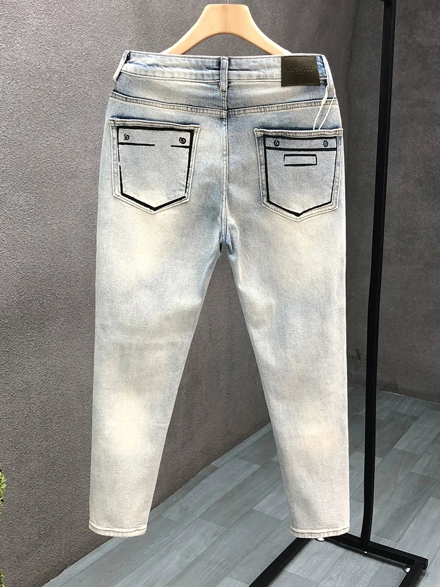 Men's Trendy Jeans Hollow out Slim Fit Summer Lightweight Casual Nine Point Pants Elastic Comfortable Versatile mid Waist Cot...