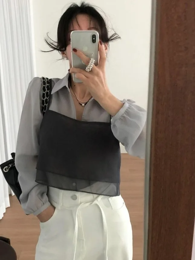 Korean Style Double Layered Mesh Crop Top Women's Fashionable Design Sensation Crossbody Vest Transparent Back Button Versatile
