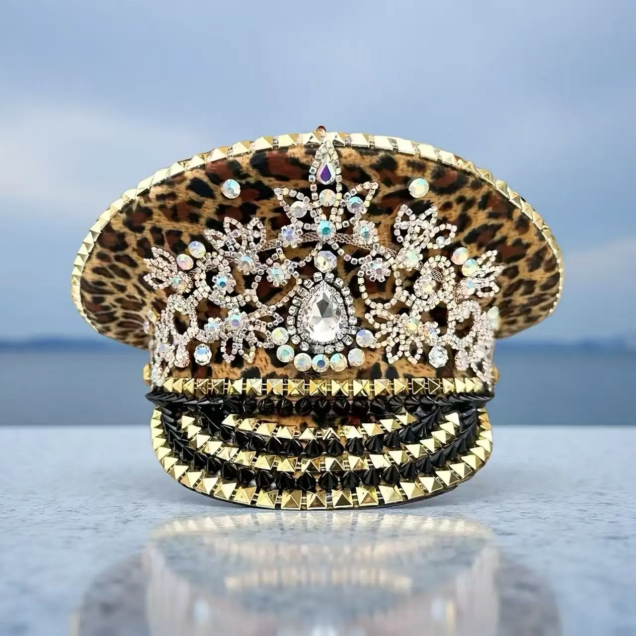 

HongLuan Yellow Laser Leather Loop Captain Hat Rhinestone & Military Caps for Woman, Rave Festivals Accessories ＆ Party Cap Man