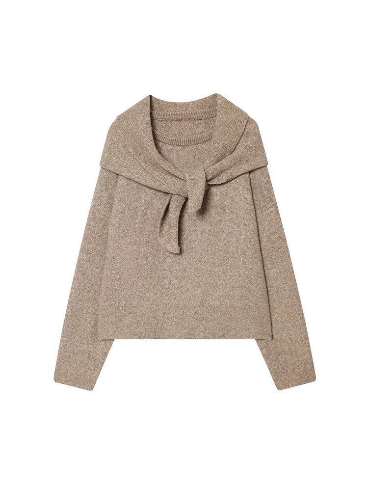 

Новая женская одежда в европейском стиле, модный и универсальный, элегантный однотонный свободный вязаный свитер с длинными рукавами и шарфом с воротником